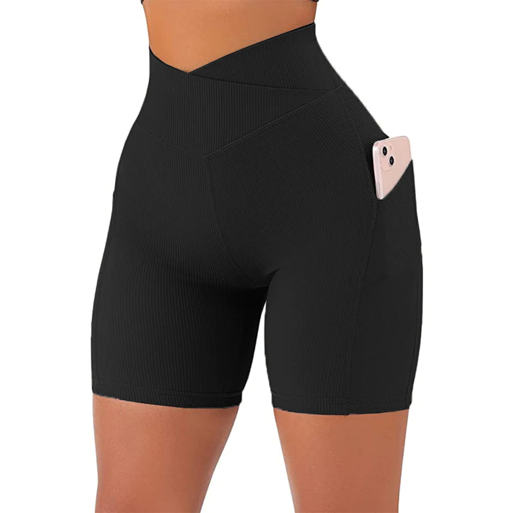 High Waist Cross Workout Shorts with Side Pockets for Women