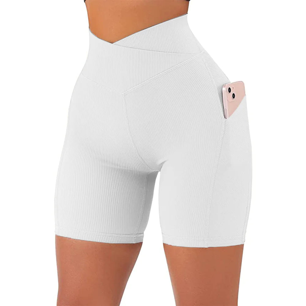 High Waist Cross Workout Shorts with Side Pockets for Women