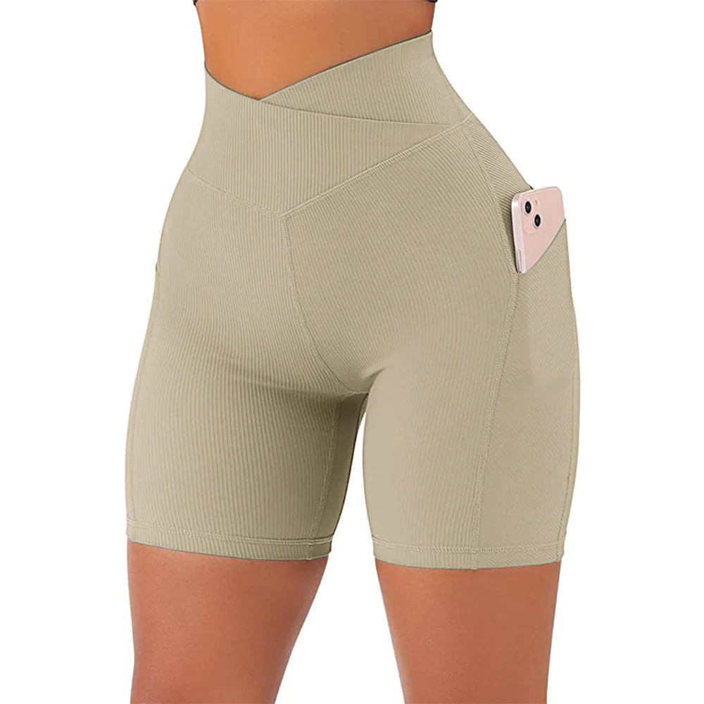 High Waist Cross Workout Shorts with Side Pockets for Women